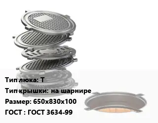 Люк чугунный Т на шарнире 650х830х100 ГОСТ: ГОСТ 3634-99